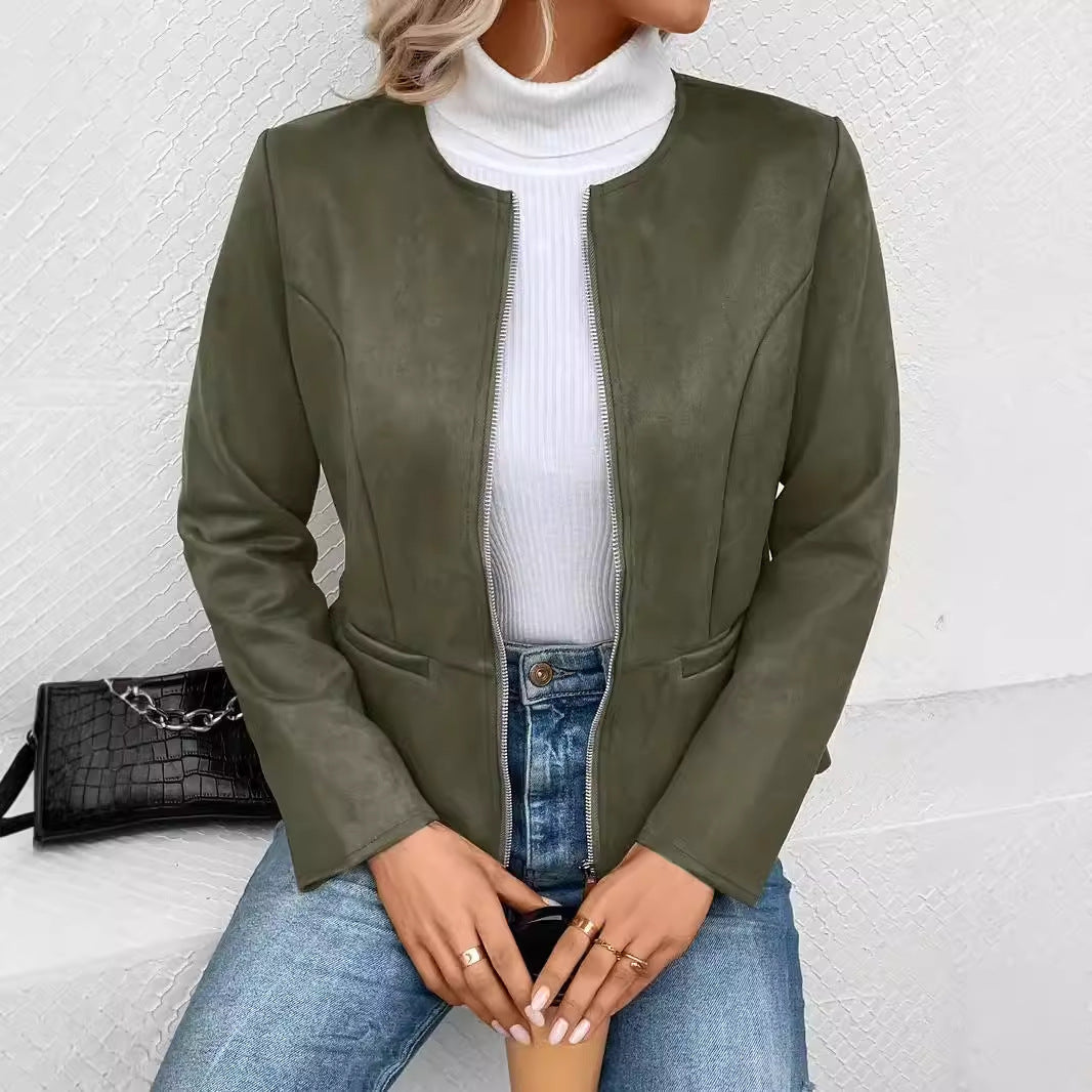 Damen modische Kunstlederjacke mit femininer Passform und Reißverschluss Drune