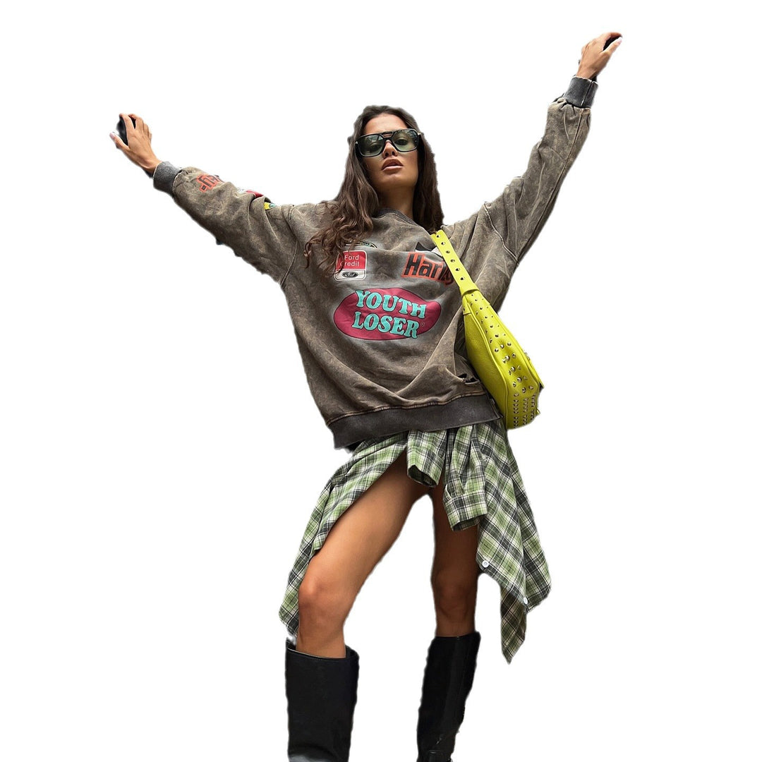 Damen oversized Sweatshirt mit kreativem Grafikdesign und modischen Details Drune