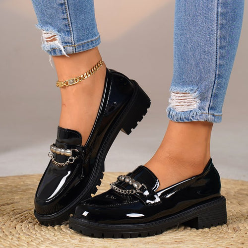 Damen nan elegante Lack-Plateau-Loafer mit dekorativer Schleife und profilierter Gummisohle Drune