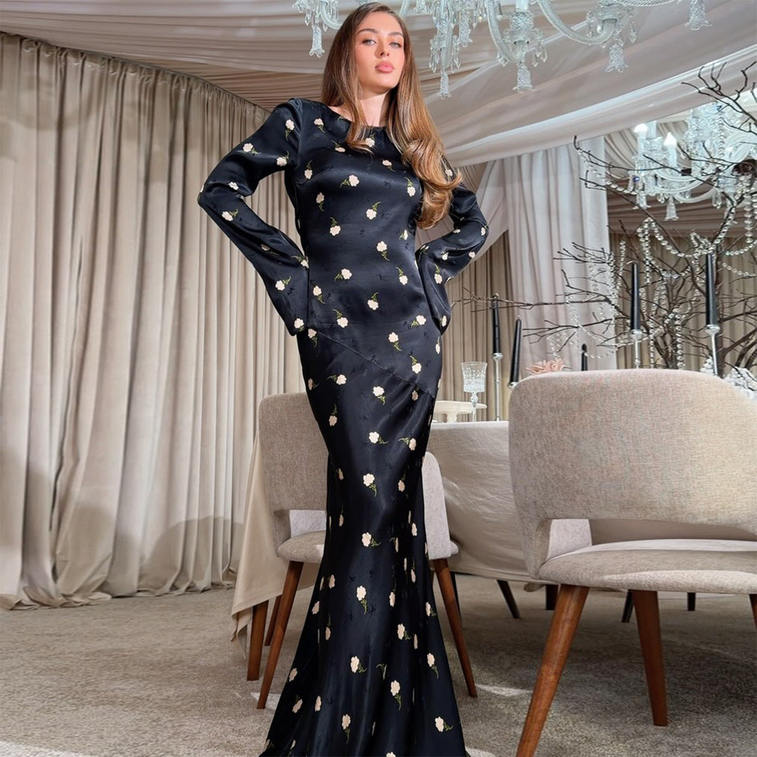 Damen Maxikleid mit elegantem Blumendruck und voluminösen Ärmeln Drune