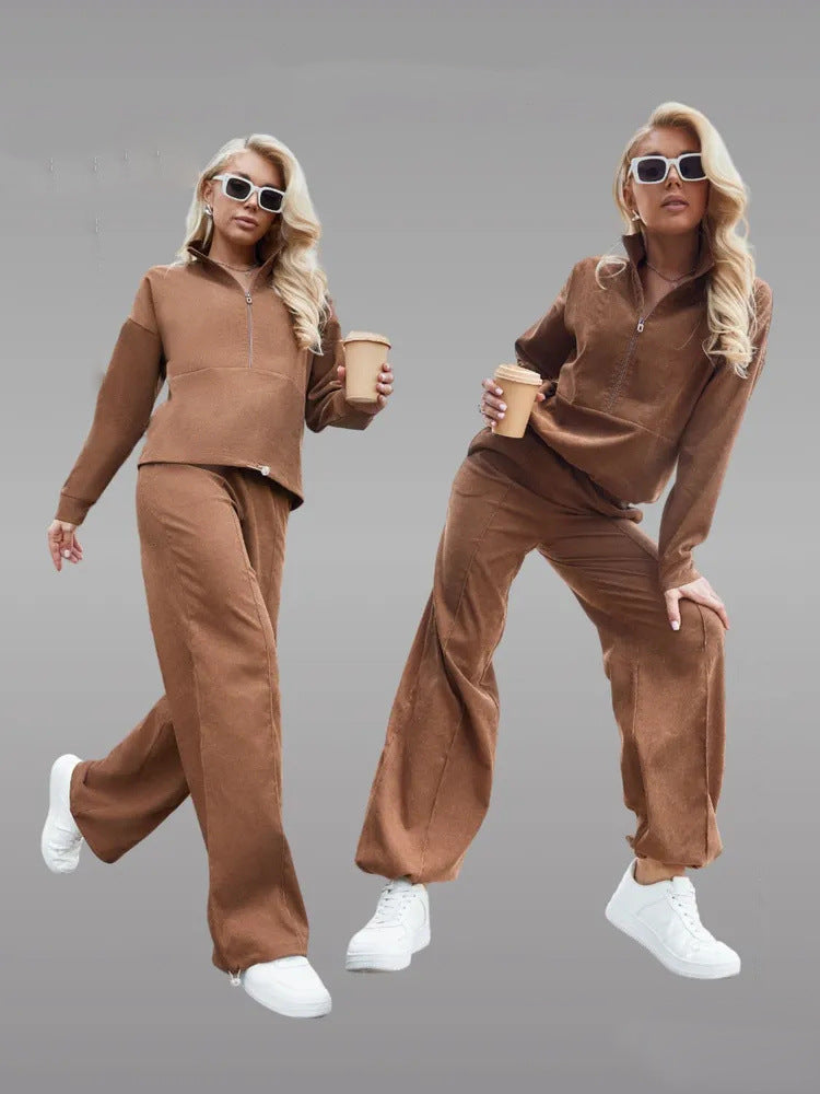 Damen sportliches Fleece-Set mit hohem Kragen und weitem Bein Drune