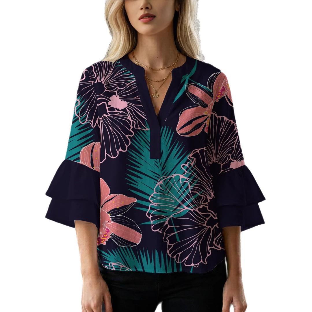 Damen Bluse mit voluminösen Rüschenärmeln und floralem Druck Drune