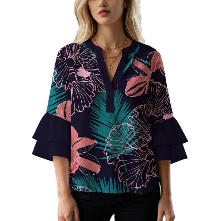 Damen Bluse mit voluminösen Rüschenärmeln und floralem Druck Drune