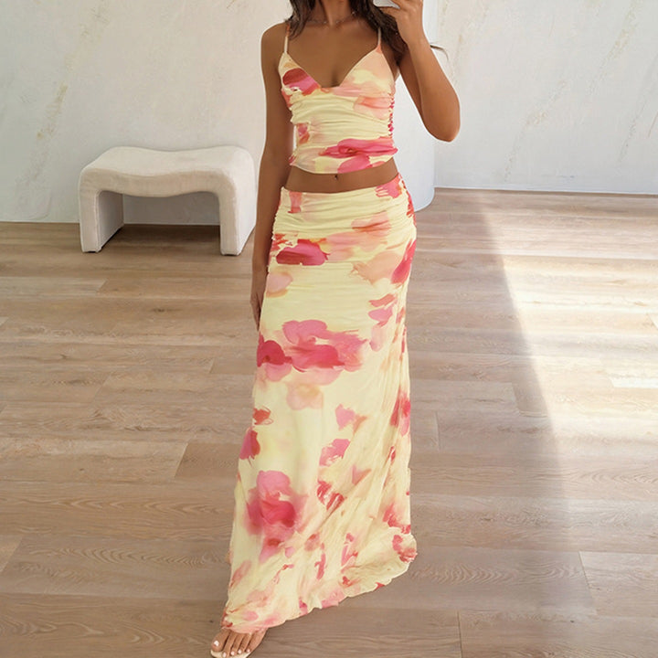 Damen Elegantes Blumenkleid mit schmaler Silhouette und Spaghetti-Trägern Drune