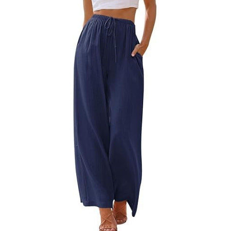 Damen nan weite Leinenhose mit elastischem Bund Kordel und Seitentaschen Drune