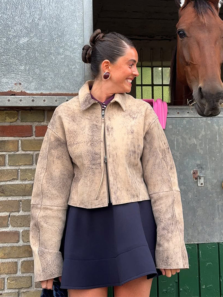 Damen modische Wildlederjacke mit voluminösen Ärmel Drune