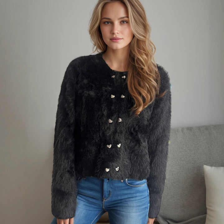 Damen flauschige Strickjacke mit herzförmigen Knöpfen und lockerer Passform Drune