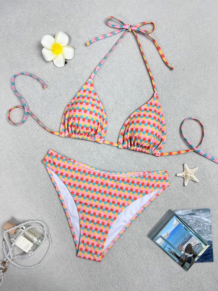 Damen Triangel-Bikini mit buntem Punktedesign und verstellbaren Bändern Drune
