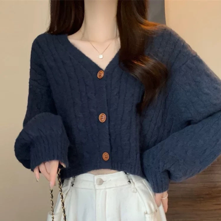 Damen lockerer Strickcardigan mit Zopfmuster und Knopfverschluss Drune
