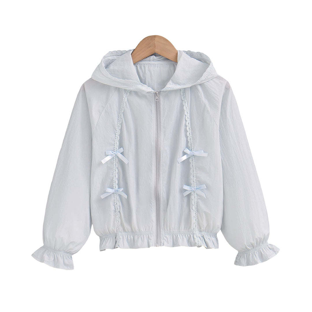 Damen nan romantische Kapuzenjacke mit Spitzendekor, Zierschleifen und gerafftem Saum Drune