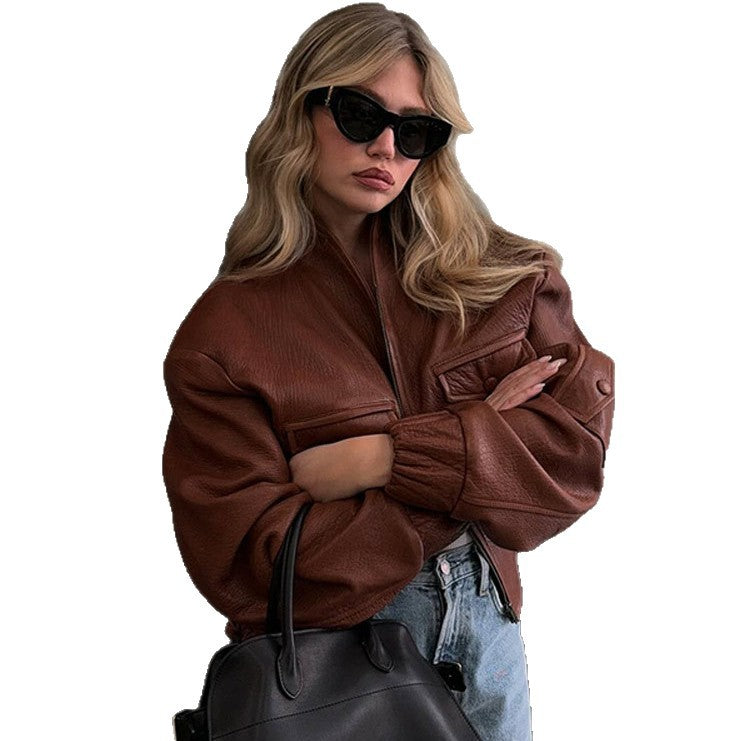 Damen Modische Kunstlederjacke mit dekorativen Detail Drune