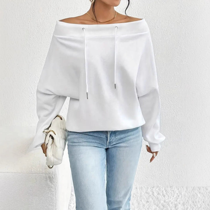 Damen lässiges Sweatshirt mit offener Schulterpartie und Kordelzug Drune