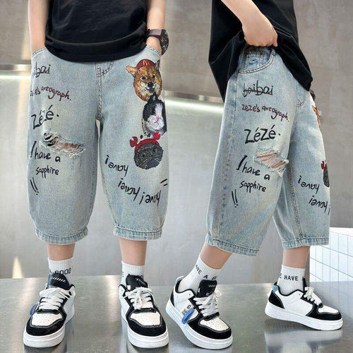 Unisex lockere Denim-Cargo-Shorts mit kreativen Tiermotiven Drune