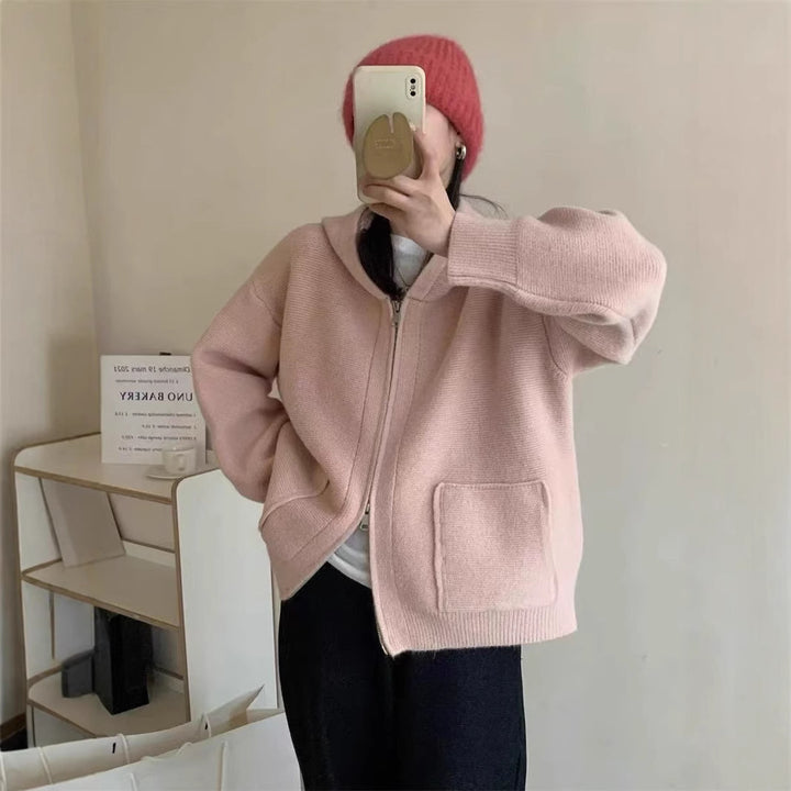 Damen Casual Oversized Strickjacke mit Kapuze und Taschen Drune