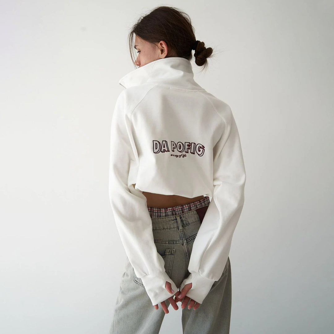Damen Cropped Sweatshirt mit hohem Kragen und Reißverschluss Drune