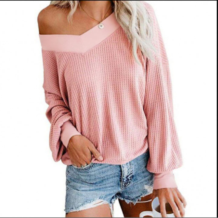 Damen Oversized Baumwollpullover mit lässigem V-Ausschnitt und Rippdetails Drune