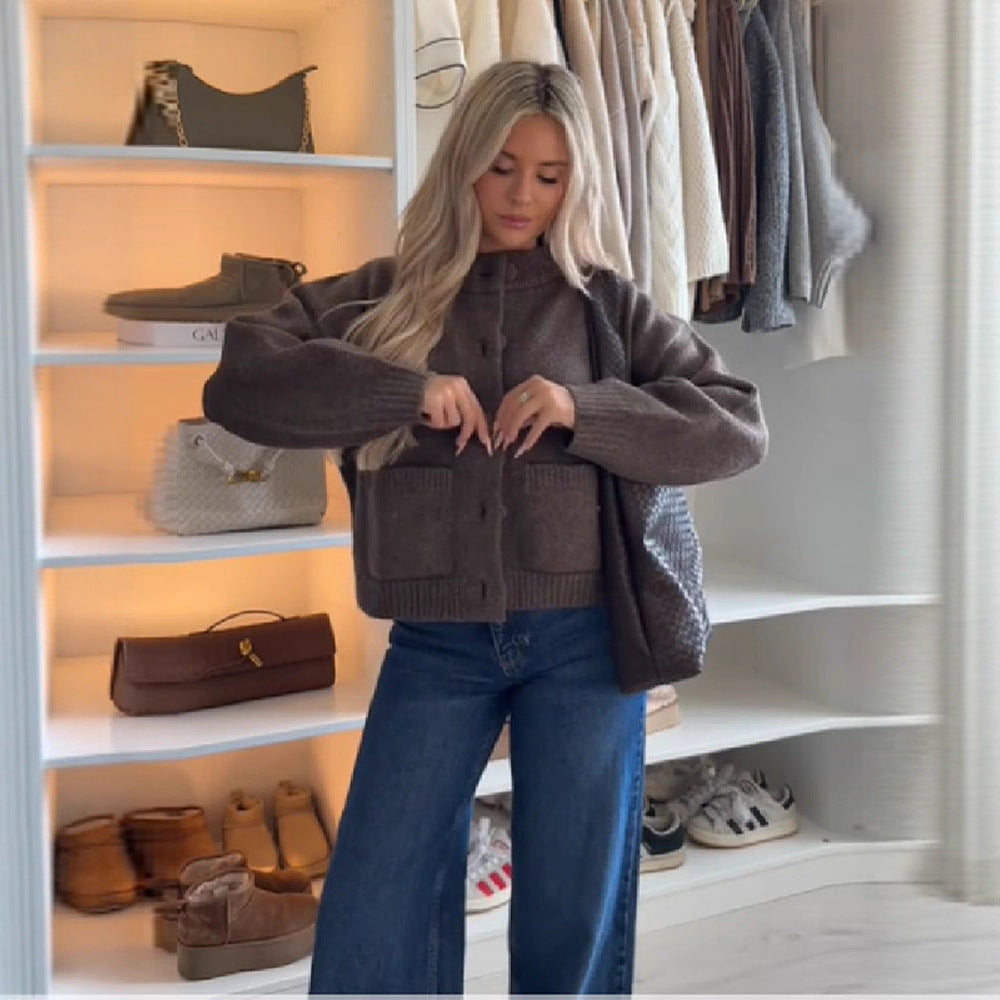 Damen Komfortabler Strickjacke mit großen Taschen Drune