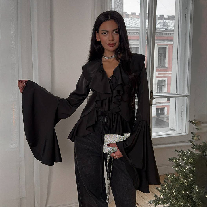 Damen Bluse mit voluminösen Rüschendetails und weitem Ärmel Drune