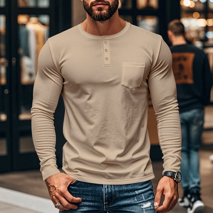 Herren nan figurbetontes Henley-Langarmshirt mit Brusttasche und feinem Stretchjersey Drune