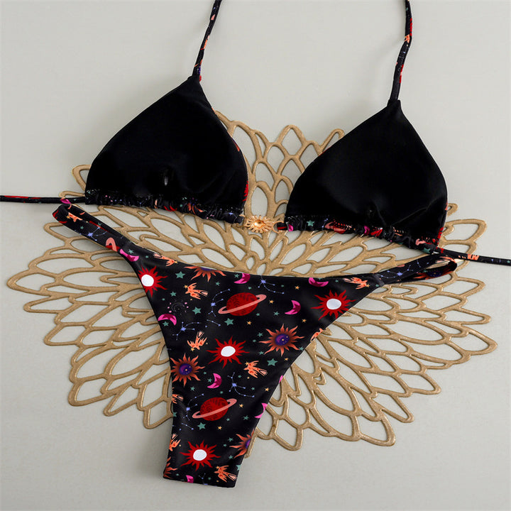 Damen Triangel-Bikini mit floralem Muster und eleganter Goldschließe Drune