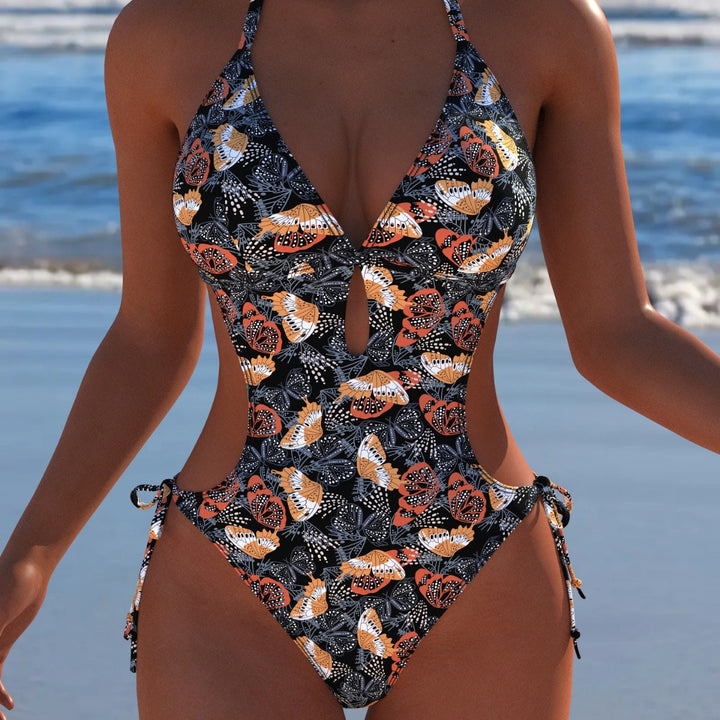 Damen Einteiler Badeanzug mit floralem Cut-Out-Design und verstellbaren Bindebändern Drune