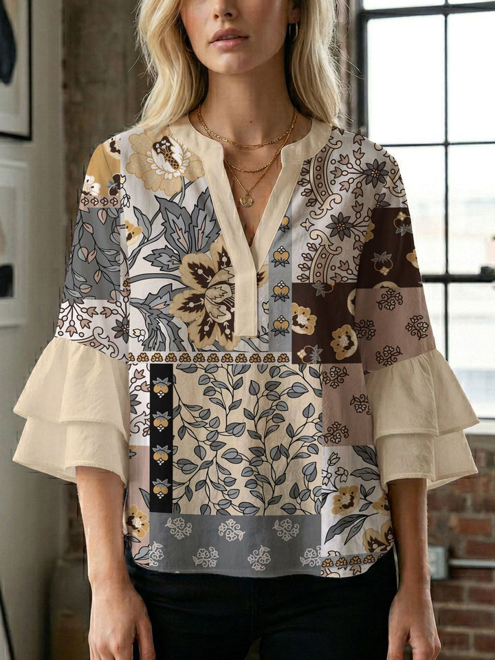 Damen Blusenshirt mit voluminösen Ärmeln und kreativem Druckdesign Drune