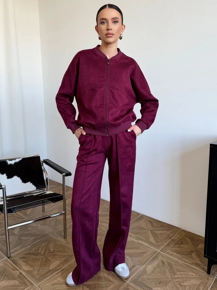 Damen nan zweiteiliges Velours-Loungewear-Set mit kurzem Zip-Hoodie und weiter Highwaist-Hose Drune