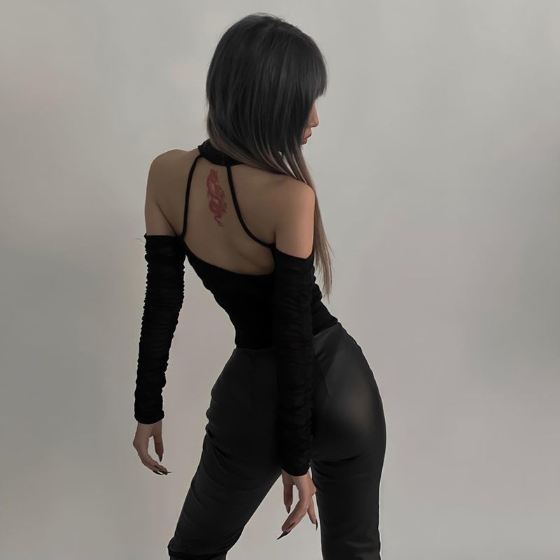 Damen Körperbetonter Langarm-Bodysuit mit tiefem V-Ausschnitt und raffinierten Rüschendetails Drune
