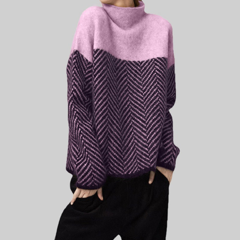 Damen Grobstrickpullover mit hochgeschlossenem Kragen und modernem Chevron-Muster Drune
