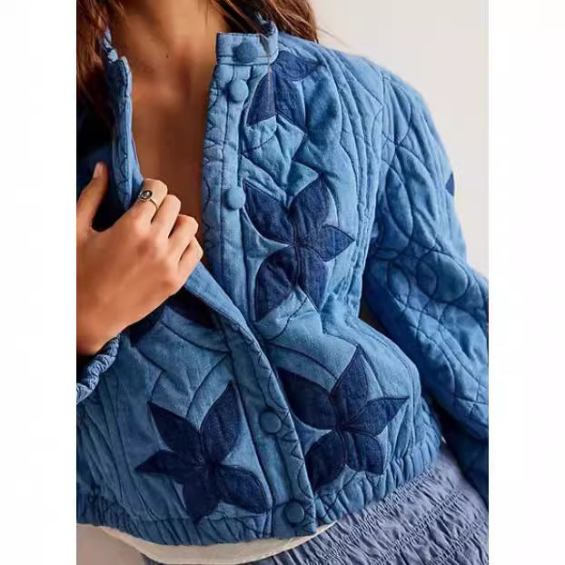Damen gesteppte Bomberjacke mit floralem Design und elastischen Bündchen Drune