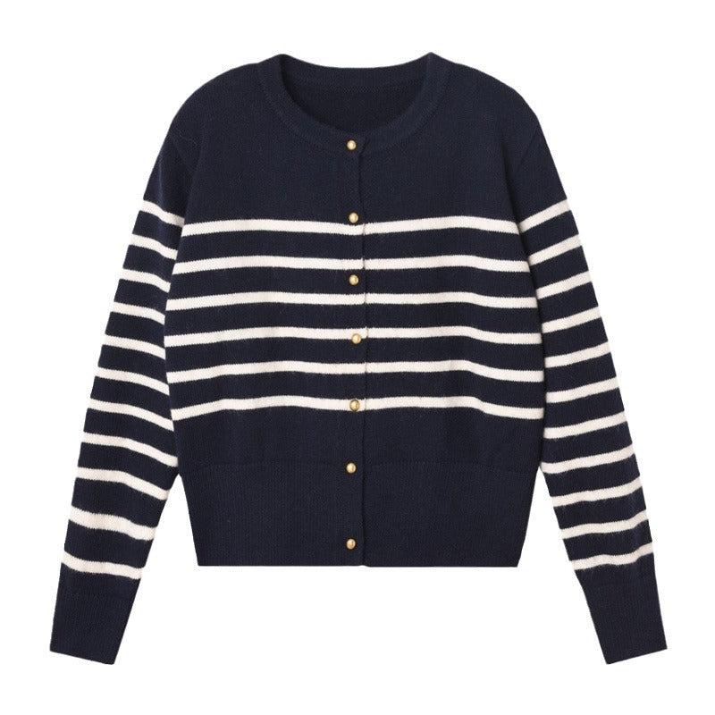 Damen gestreifte Strickjacke aus feinem Material mit goldenen Knöpfen Drune