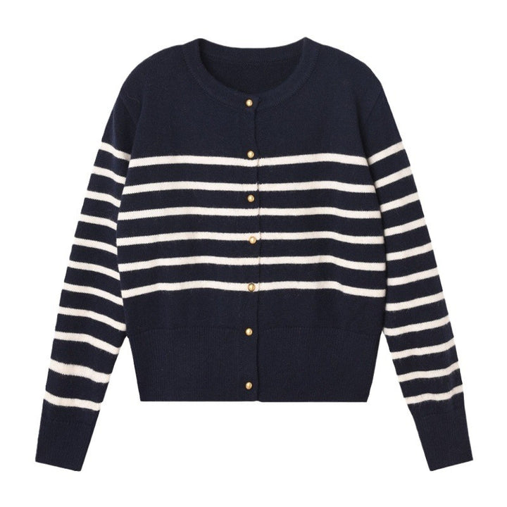 Damen gestreifte Strickjacke aus feinem Material mit goldenen Knöpfen Drune