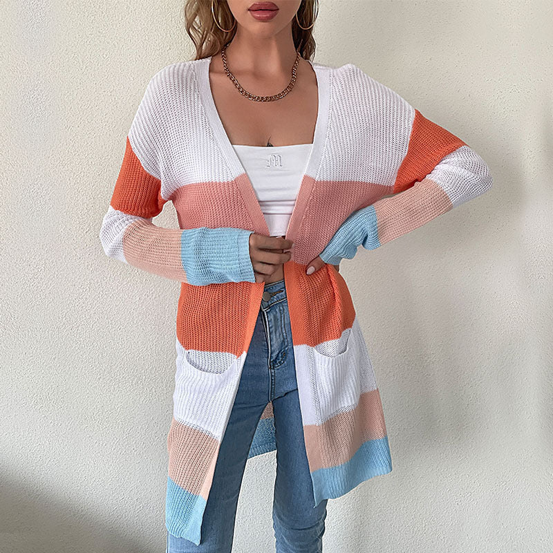 Damen lässiger gestrickter Cardigan mit blockierendem Farbdesign und tiefen Taschen Drune