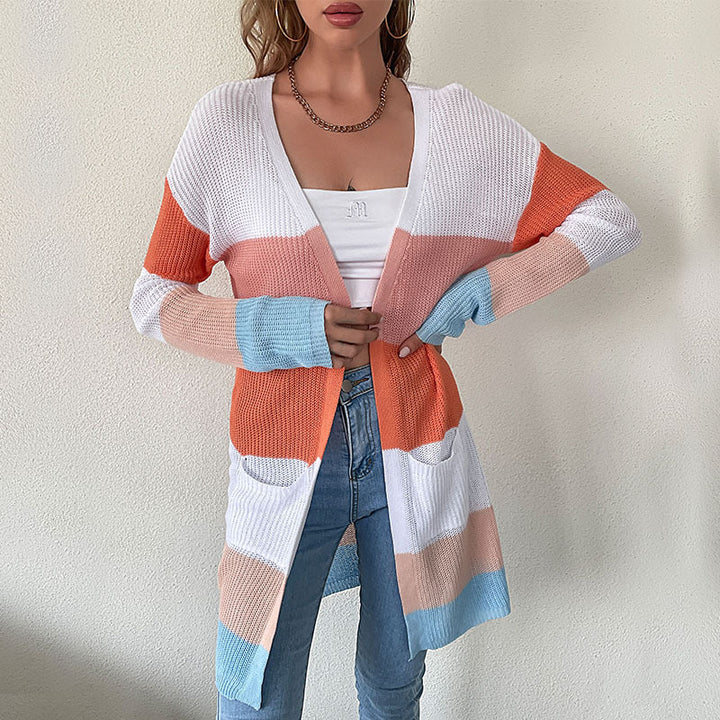 Damen lässiger gestrickter Cardigan mit blockierendem Farbdesign und tiefen Taschen Drune