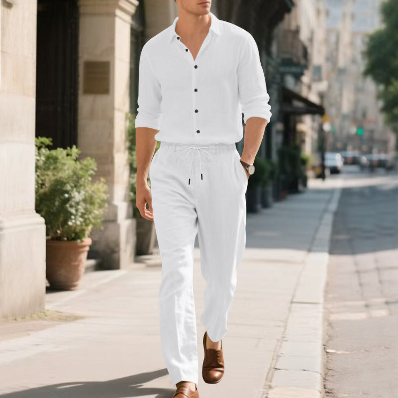 Herren lässige Leinen-Hose mit elastischem Bund und praktischem Kordelzug Drune