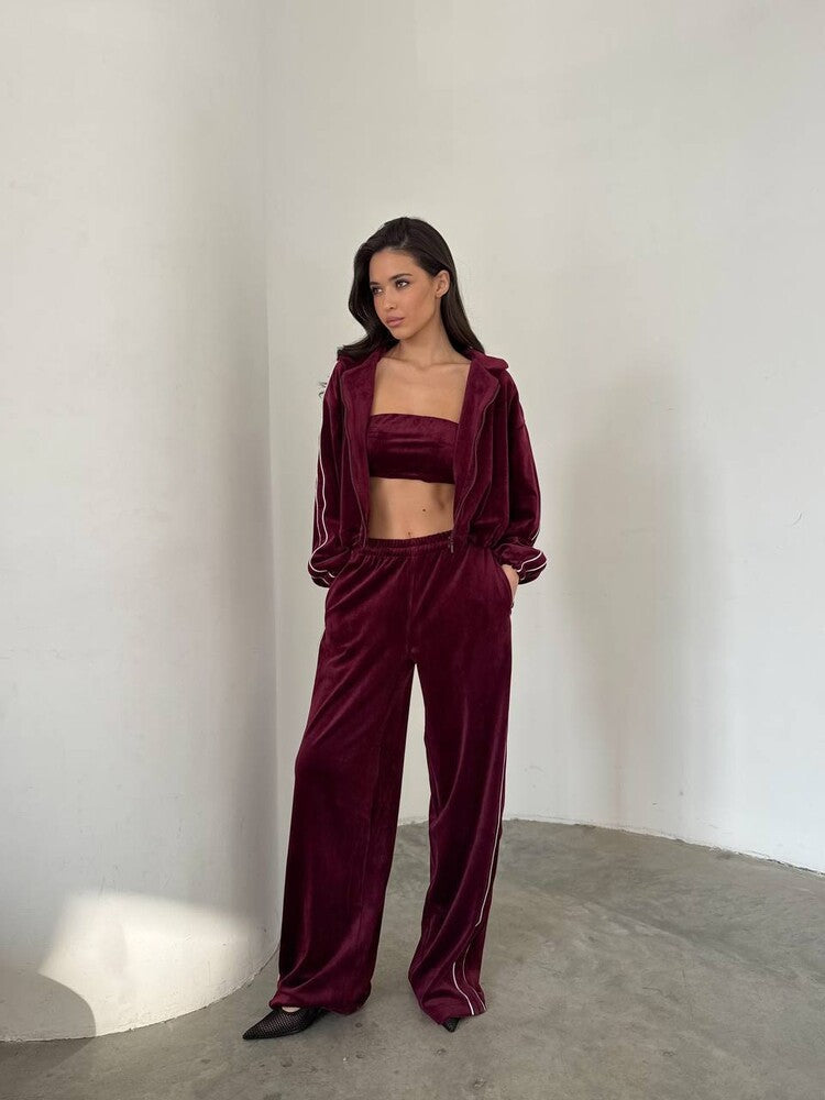 Damen luxuriöses Velours-Loungewear-Set mit cropped Oberteil und weitem Schnitt Drune