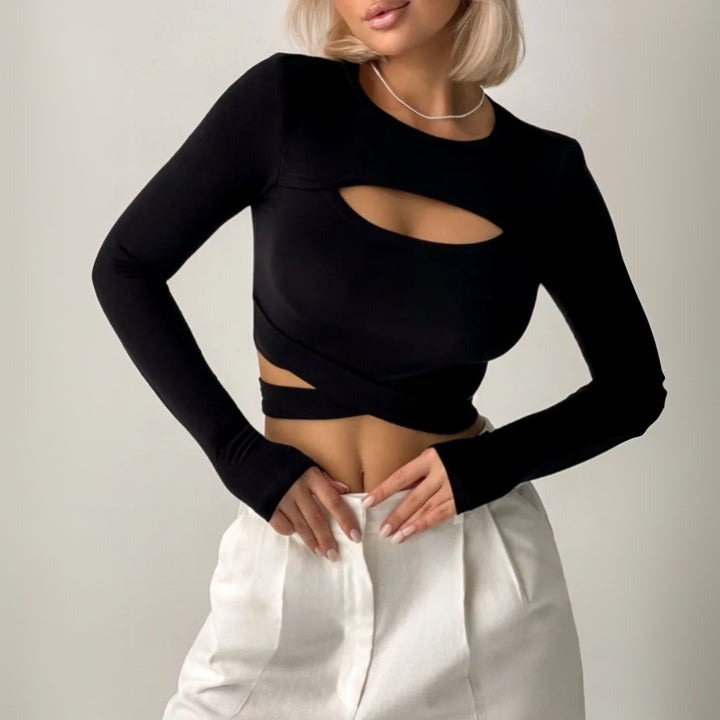 Damen cropped Langarmshirt mit innovativem Cut-Out-Design und elastischem Bund Drune