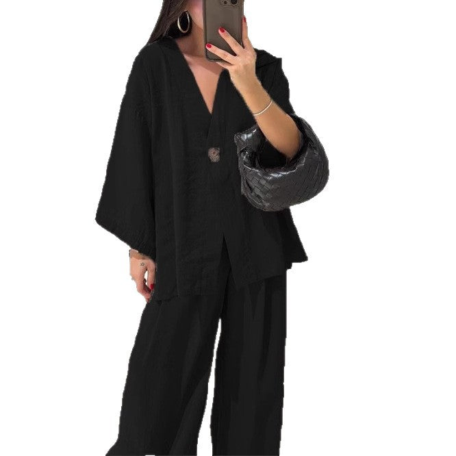 Damen nan lockeres Leinenoptik-Zweiteiler mit Kimono-Blazer und weitem Palazzo-Hose Drune