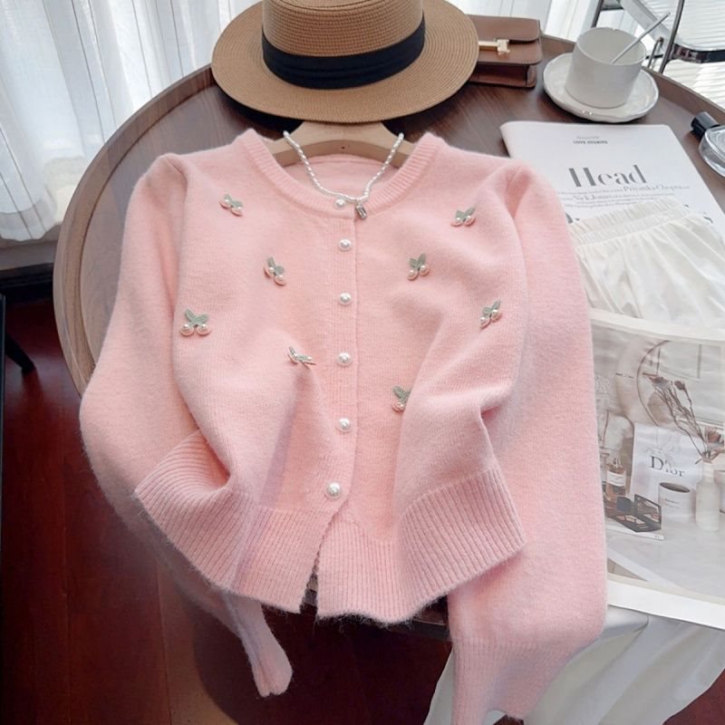 Damen Strickjacke mit floralem Design und Perlenknopfdetails Drune