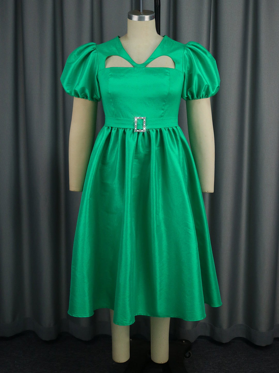Damen Elegantes Midikleid mit Puffärmeln und diamantbesetztem Gürtel Drune