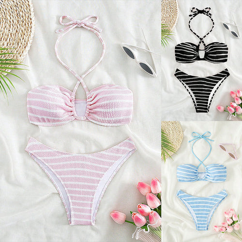 Damen zweiteiliger Bikini mit geflochtenem Oberteil und hohem Beinausschnitt Drune
