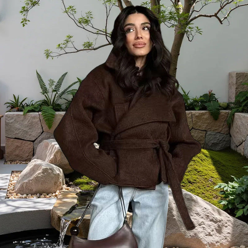 Damen Oversized Wollmantel mit Gürtel Drune