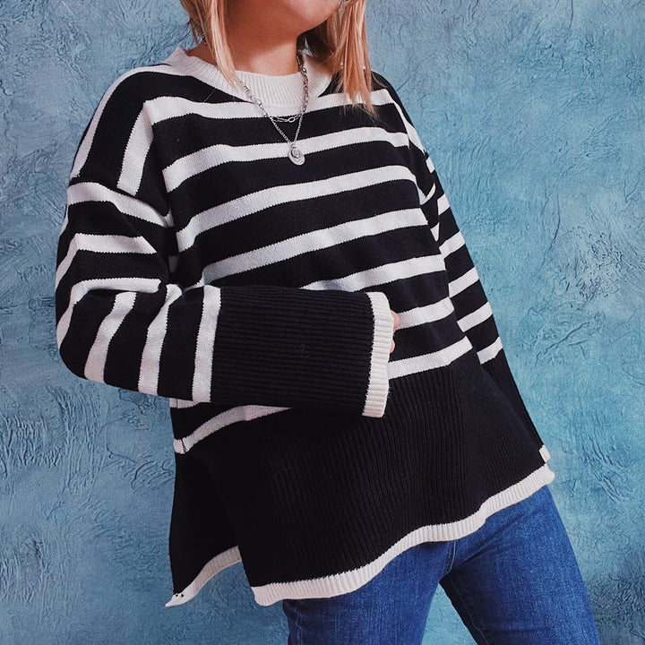 Damen lässiger Strickpullover mit modernem Streifenmuster und feiner Rippstruktur Drune