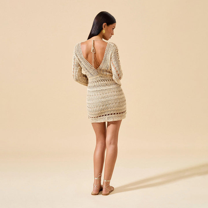 Damen gehäkeltes Strandkleid mit tiefem V-Ausschnitt und langem Arm Drune