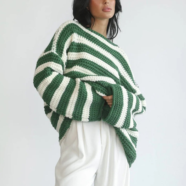 Damen gemütlicher Grobstrickpullover mit modernem Streifenmuster und lässigem Schnitt Drune