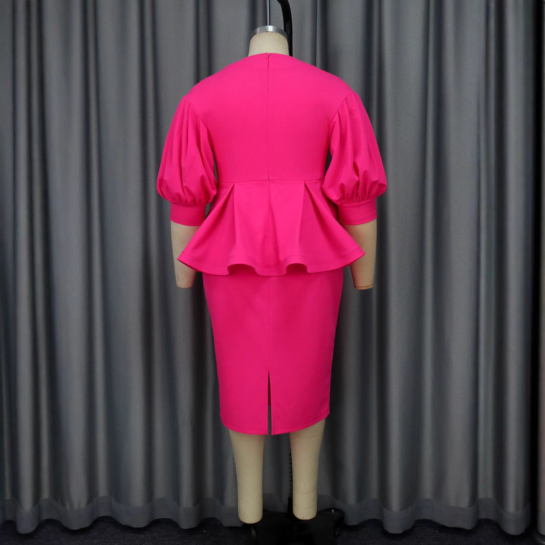 Damen elegantes A-Linien Kleid mit modischen Puffärmeln und floralem Akzent Drune