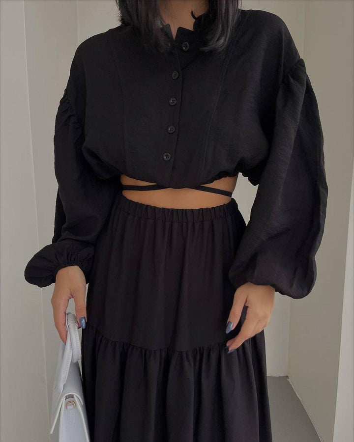 Damen Crop-Bluse mit Puffärmeln und Knopfdetails Drune