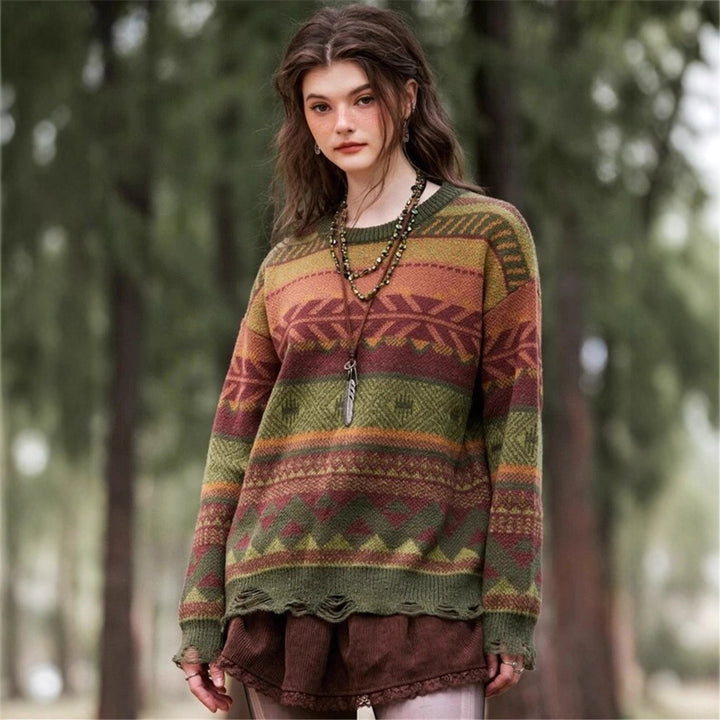 Damen Gemusterter Pullover im Boho-Stil mit fransigem Saum Drune