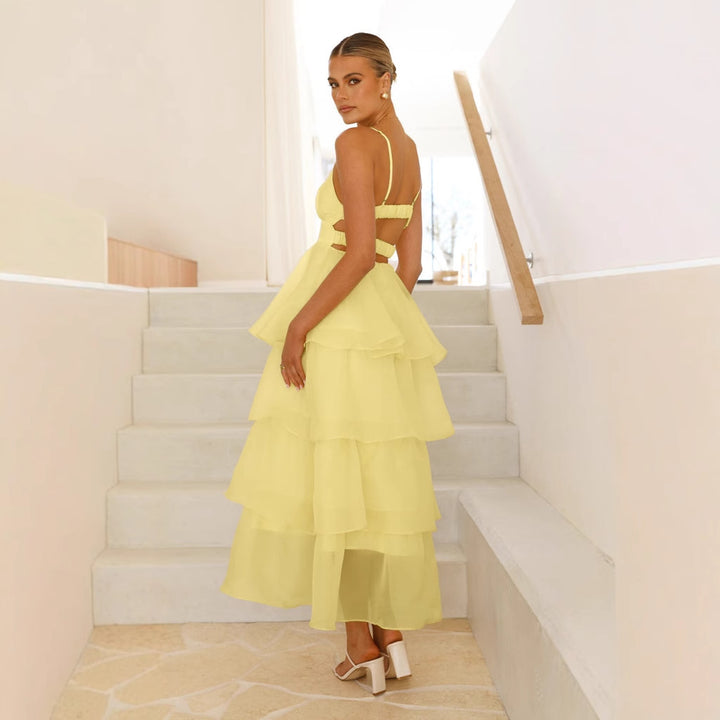 Damen luftiges Maxikleid mit Schichten und Spaghettiträgern Drune
