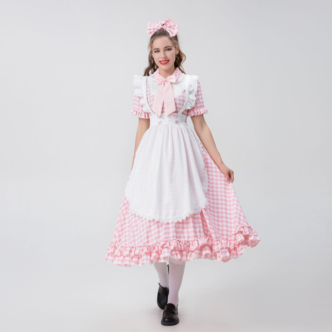 Damen nan Vintage-inspiriertes Karo-Swingkleid mit abnehmbarer Schürze, Rüschenärmeln und Schleifenkragen Drune